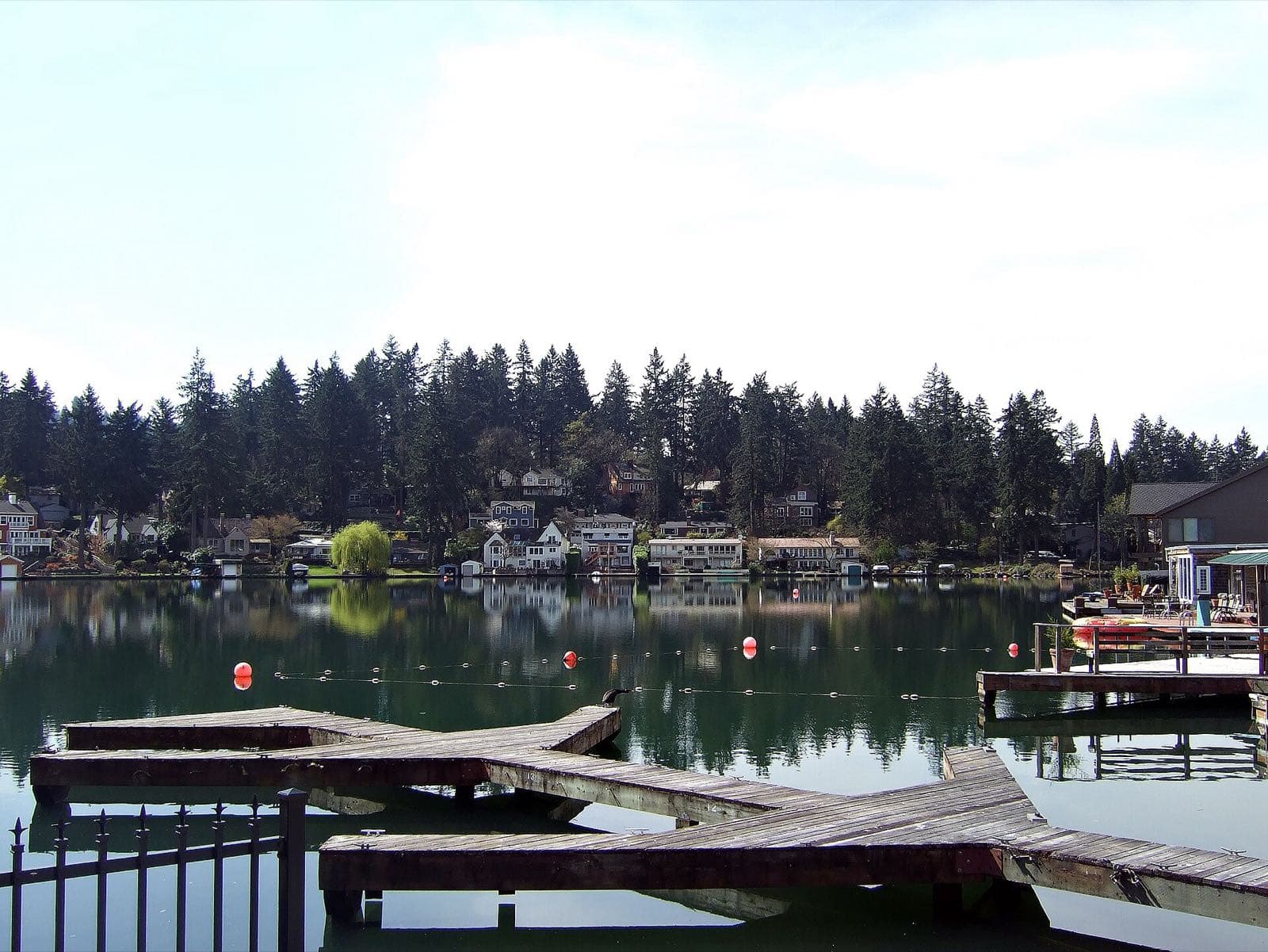 Lakefront homes and boat docks beneath tall firs on Lakewood Bay, Oswego Lake.